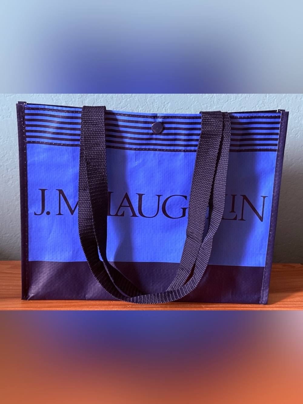 J McLaughlin Blue Black Reusable Woven Tote Shopping Bag Snap Closure